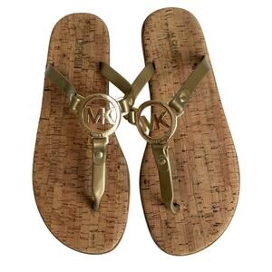 Michael Kors Jelly Cork Thong Sandals Bronze Gold Medallion Size 9 M